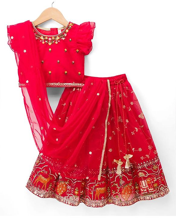 Babyhug Georgette Woven Frill Sleeves Lehenga Choli Set With Floral Embroidery & Dupatta - Red