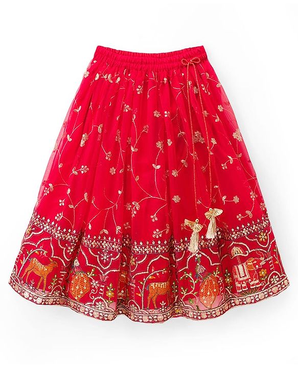 Babyhug Georgette Woven Frill Sleeves Lehenga Choli Set With Floral Embroidery & Dupatta - Red