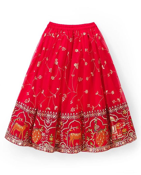 Babyhug Georgette Woven Frill Sleeves Lehenga Choli Set With Floral Embroidery & Dupatta - Red