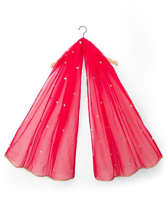 Babyhug Georgette Woven Frill Sleeves Lehenga Choli Set With Floral Embroidery & Dupatta - Red