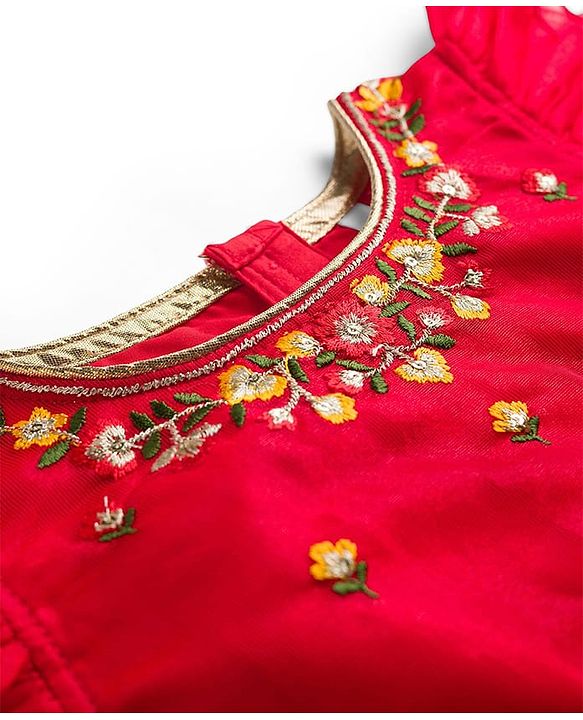 Babyhug Georgette Woven Frill Sleeves Lehenga Choli Set With Floral Embroidery & Dupatta - Red