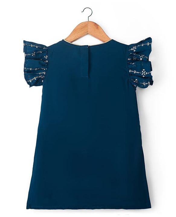 Babyhug Georgette Woven Frill Sleeves Kurti Palazo & Dupatta Set Sequin Embroidery - Navy Blue & Yellow