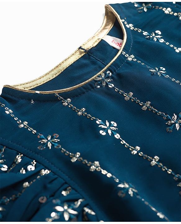 Babyhug Georgette Woven Frill Sleeves Kurti Palazo & Dupatta Set Sequin Embroidery - Navy Blue & Yellow