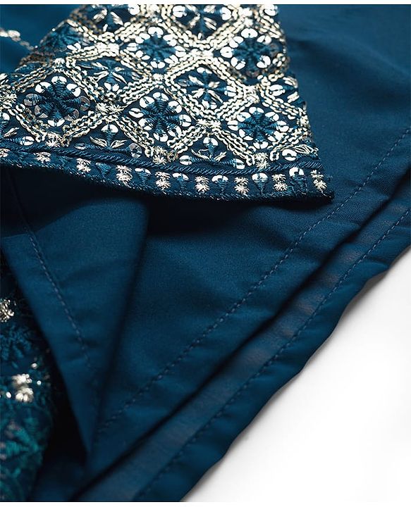 Babyhug Georgette Woven Frill Sleeves Kurti Palazo & Dupatta Set Sequin Embroidery - Navy Blue & Yellow