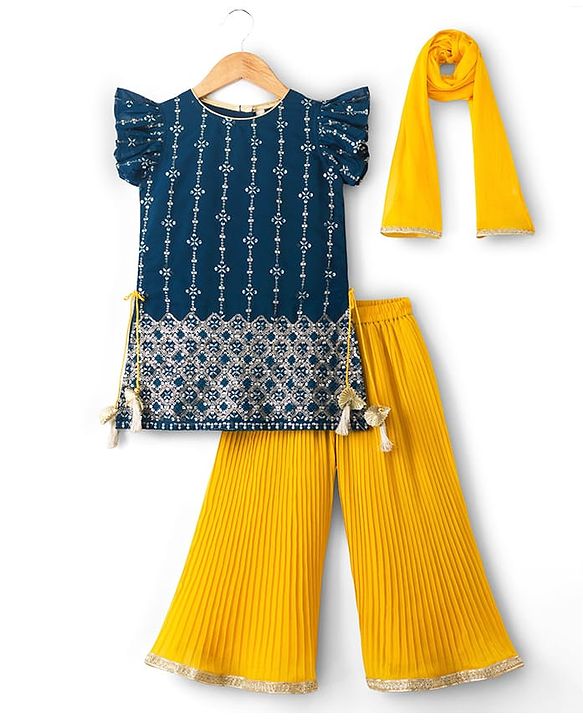 Babyhug Georgette Woven Frill Sleeves Kurti Palazo & Dupatta Set Sequin Embroidery - Navy Blue & Yellow