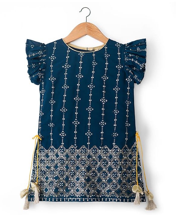 Babyhug Georgette Woven Frill Sleeves Kurti Palazo & Dupatta Set Sequin Embroidery - Navy Blue & Yellow