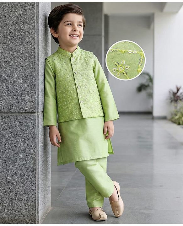 Babyhug Woven Full Sleeves Kurta Pajama Set with Embroidered Waistcoat & Sequin Detailing - Olive Green