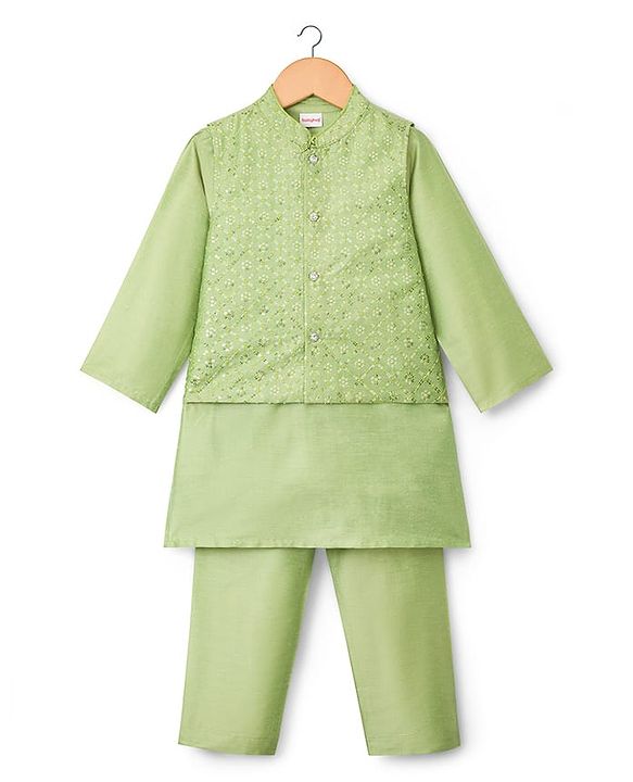 Babyhug Woven Full Sleeves Kurta Pajama Set with Embroidered Waistcoat & Sequin Detailing - Olive Green