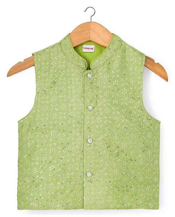Babyhug Woven Full Sleeves Kurta Pajama Set with Embroidered Waistcoat & Sequin Detailing - Olive Green