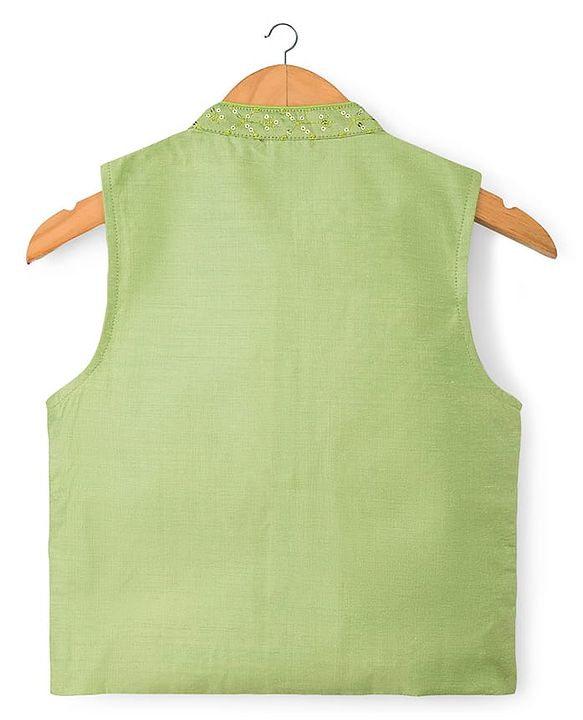 Babyhug Woven Full Sleeves Kurta Pajama Set with Embroidered Waistcoat & Sequin Detailing - Olive Green