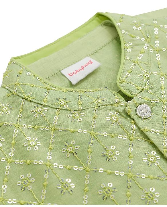 Babyhug Woven Full Sleeves Kurta Pajama Set with Embroidered Waistcoat & Sequin Detailing - Olive Green
