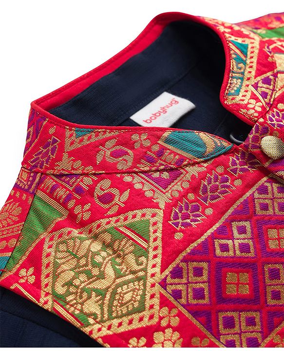 Babyhug Woven Full Sleeves Kurta Pajama Set with Embroidered Jacket - Navy Blue