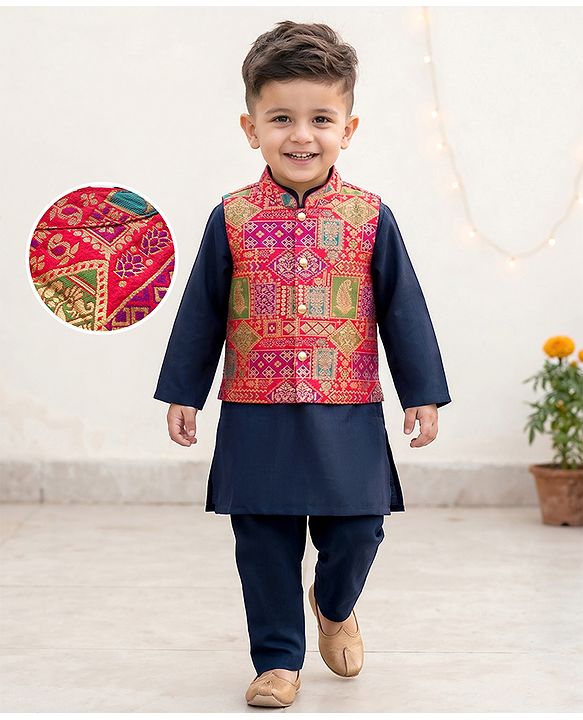 Babyhug Woven Full Sleeves Kurta Pajama Set with Embroidered Jacket - Navy Blue