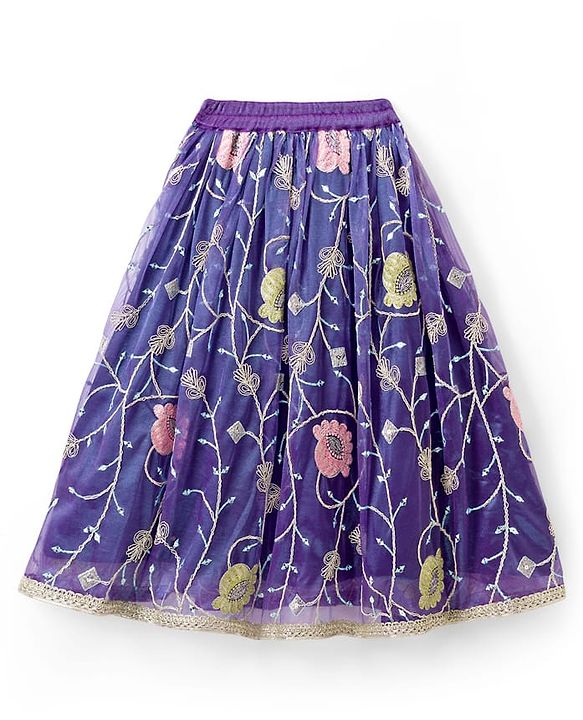 Babyhug Woven Half Puffed Sleeves Choli Lehenga Set with Dupatta & Floral Embroidery & Sequin Detailing - Navy Blue