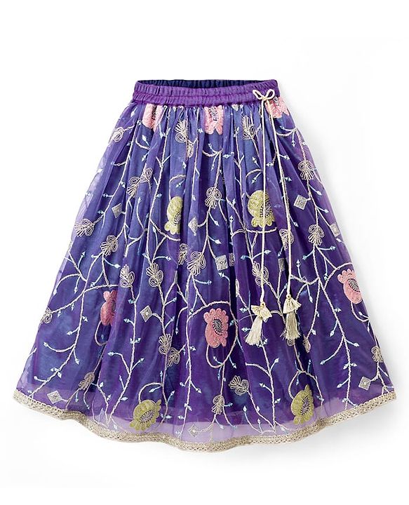 Babyhug Woven Half Puffed Sleeves Choli Lehenga Set with Dupatta & Floral Embroidery & Sequin Detailing - Navy Blue