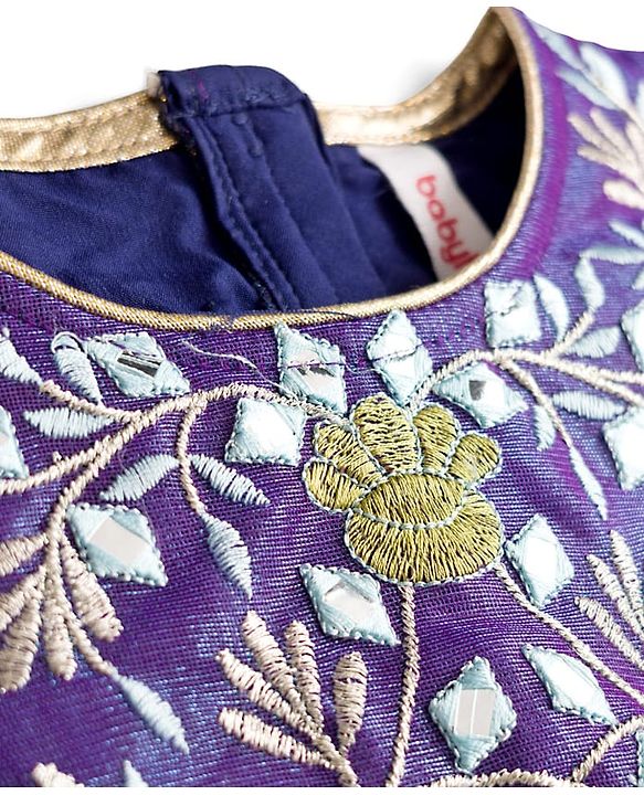 Babyhug Woven Half Puffed Sleeves Choli Lehenga Set with Dupatta & Floral Embroidery & Sequin Detailing - Navy Blue