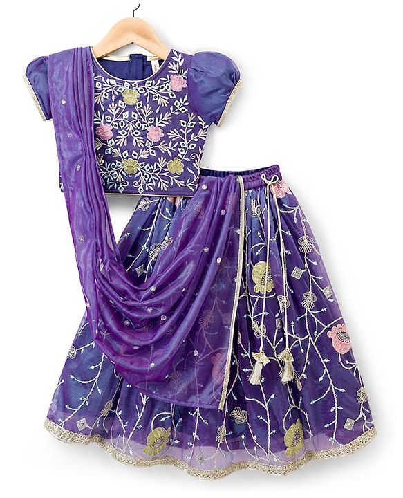 Babyhug Woven Half Puffed Sleeves Choli Lehenga Set with Dupatta & Floral Embroidery & Sequin Detailing - Navy Blue
