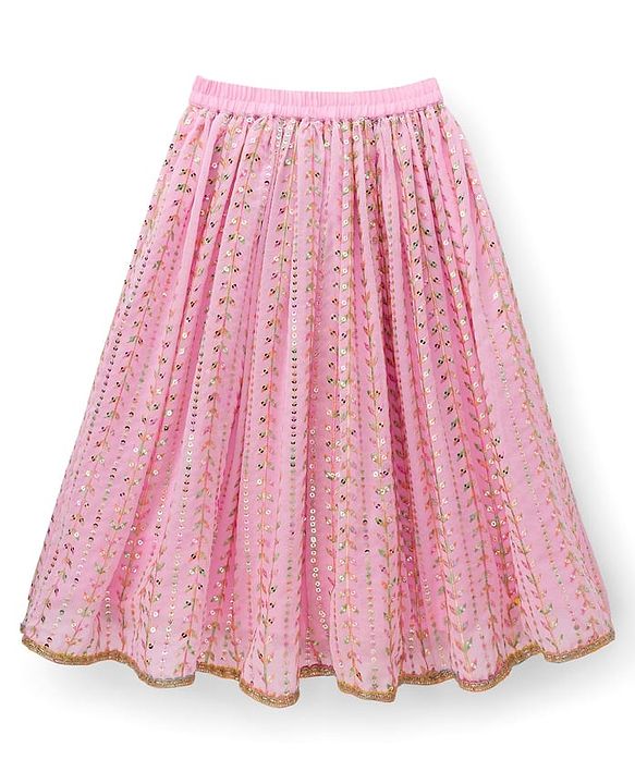 Babyhug Georgette Woven Half Sleeves Choli Lehenga & Dupatta Set With Floral & Sequin Embroidered - Light Pink
