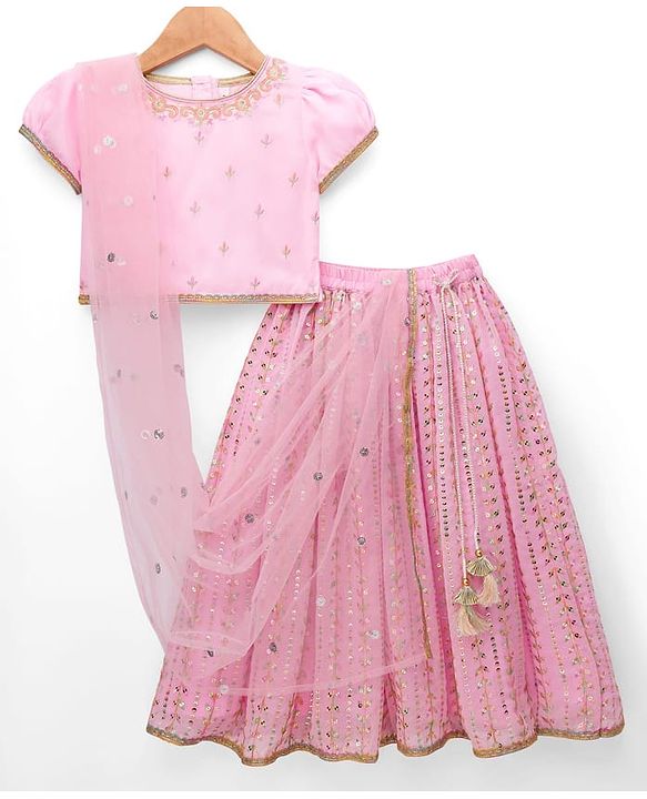 Babyhug Georgette Woven Half Sleeves Choli Lehenga & Dupatta Set With Floral & Sequin Embroidered - Light Pink