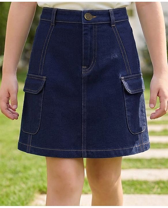Pine Kids Denim Woven Solid Color Skirt with Pocket - Navy Blue