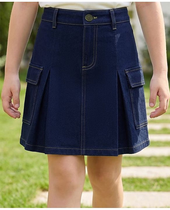 Pine Kids Denim Woven  Solid Color Skirt with Pocket - Navy Blue