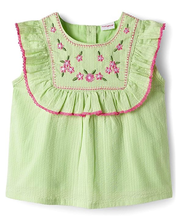 Babyhug Seer Sucker Woven Sleeveless Top With Floral Embroidery - Limegreen