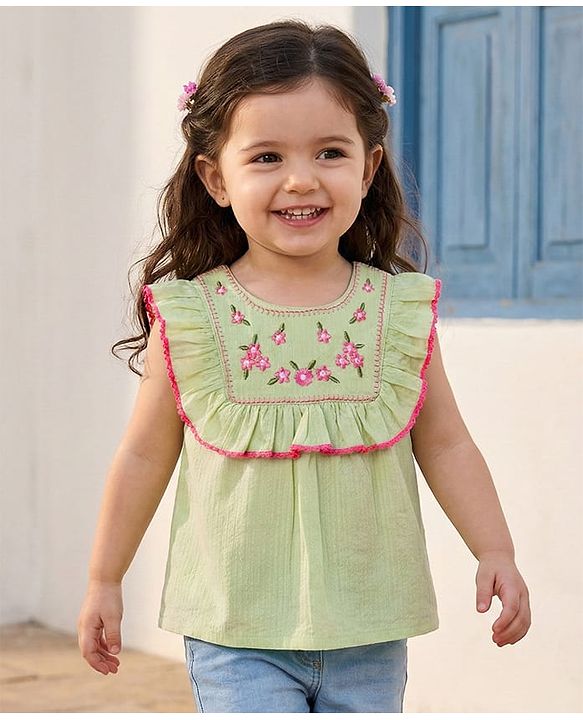 Babyhug Seer Sucker Woven Sleeveless Top With Floral Embroidery - Limegreen
