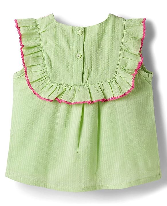 Babyhug Seer Sucker Woven Sleeveless Top With Floral Embroidery - Limegreen