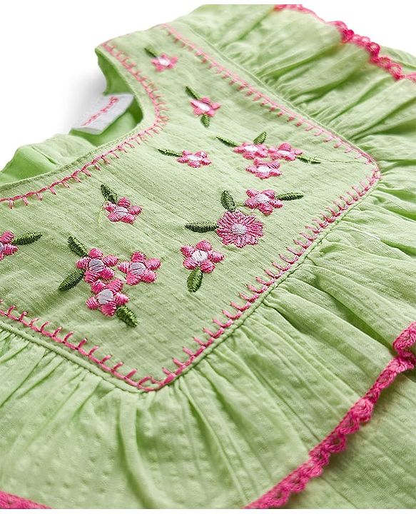 Babyhug Seer Sucker Woven Sleeveless Top With Floral Embroidery - Limegreen