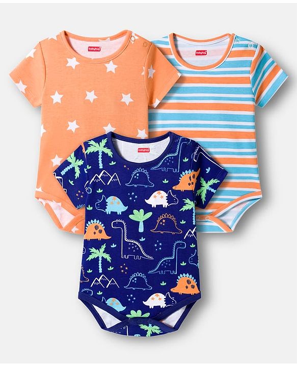 Babyhug 100% Cotton Knit Half Sleeves Striped Onesies with Dino & Star Print Pack of 3 - Multicolor
