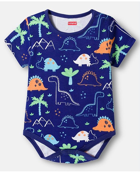 Babyhug 100% Cotton Knit Half Sleeves Striped Onesies with Dino & Star Print Pack of 3 - Multicolor