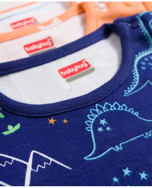 Babyhug 100% Cotton Knit Half Sleeves Striped Onesies with Dino & Star Print Pack of 3 - Multicolor