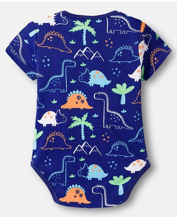 Babyhug 100% Cotton Knit Half Sleeves Striped Onesies with Dino & Star Print Pack of 3 - Multicolor