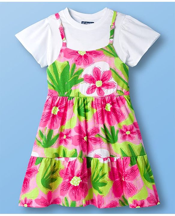 Pine Kids Cotton Knit Frock & Half Sleeves Inner Tee With Floral Print - Multicolor
