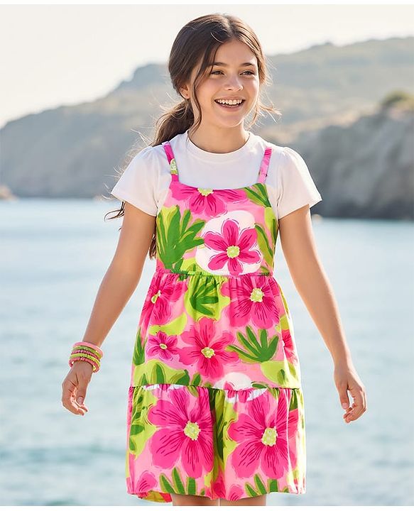 Pine Kids Cotton Knit Frock & Half Sleeves Inner Tee With Floral Print - Multicolor