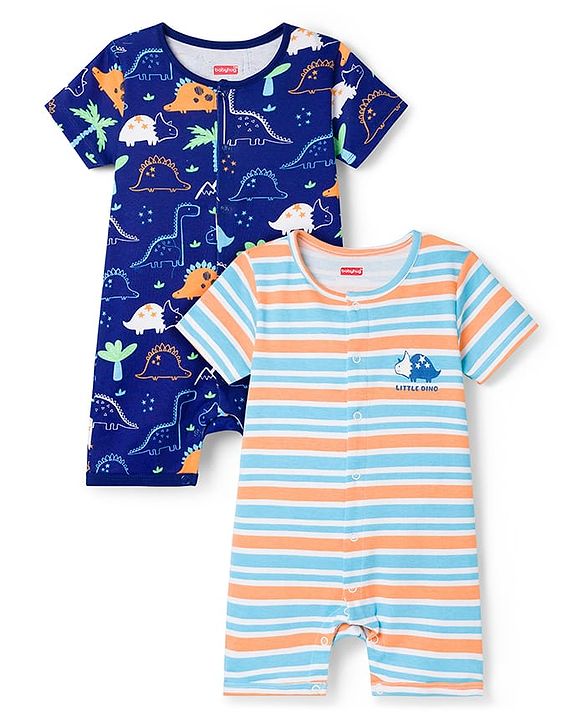 Babyhug 100% Cotton Knit Half Sleeves Striped Rompers With Dino Print Pack of 2 - Navy Blue & White