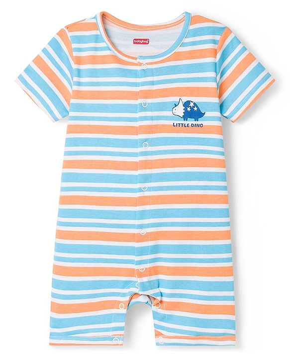 Babyhug 100% Cotton Knit Half Sleeves Striped Rompers With Dino Print Pack of 2 - Navy Blue & White