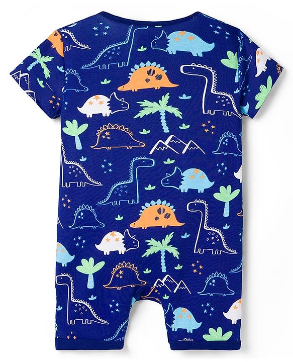 Babyhug 100% Cotton Knit Half Sleeves Striped Rompers With Dino Print Pack of 2 - Navy Blue & White