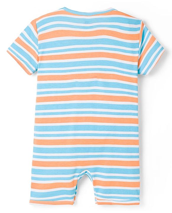 Babyhug 100% Cotton Knit Half Sleeves Striped Rompers With Dino Print Pack of 2 - Navy Blue & White