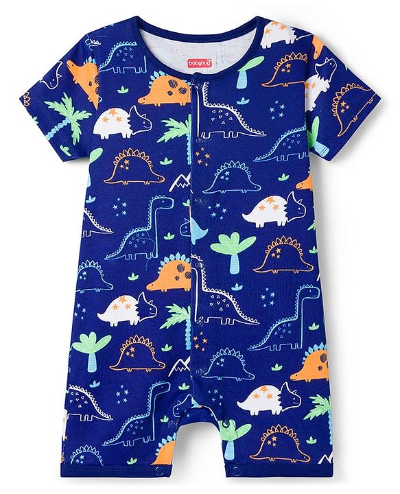 Babyhug 100% Cotton Knit Half Sleeves Striped Rompers With Dino Print Pack of 2 - Navy Blue & White
