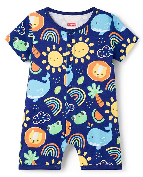 Babyhug 100% Cotton Knit Half Sleeves Romper With Animal & Rainbow Print - Navy Blue
