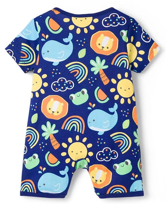 Babyhug 100% Cotton Knit Half Sleeves Romper With Animal & Rainbow Print - Navy Blue