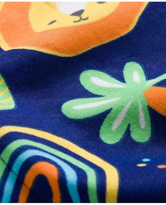 Babyhug 100% Cotton Knit Half Sleeves Romper With Animal & Rainbow Print - Navy Blue