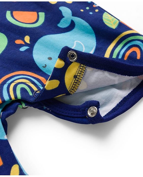 Babyhug 100% Cotton Knit Half Sleeves Romper With Animal & Rainbow Print - Navy Blue
