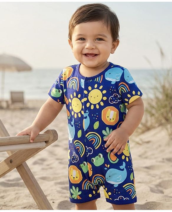 Babyhug 100% Cotton Knit Half Sleeves Romper With Animal & Rainbow Print - Navy Blue