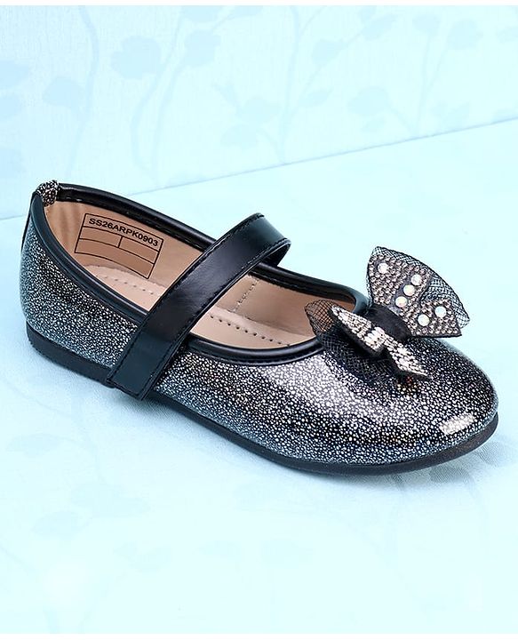 Pine Kids Velcro Closure Closed Toe Ballerina with Bow Applique - Black