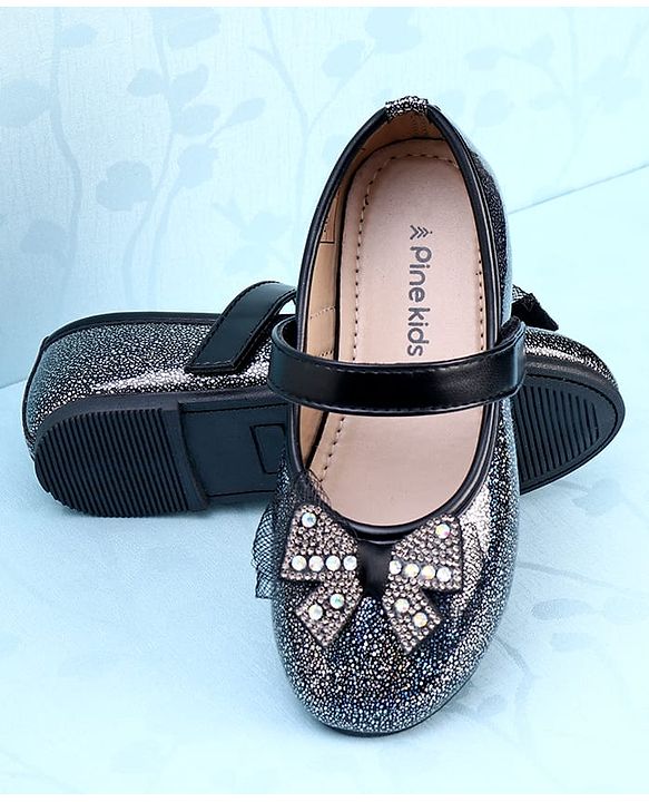 Pine Kids Velcro Closure Closed Toe Ballerina with Bow Applique - Black