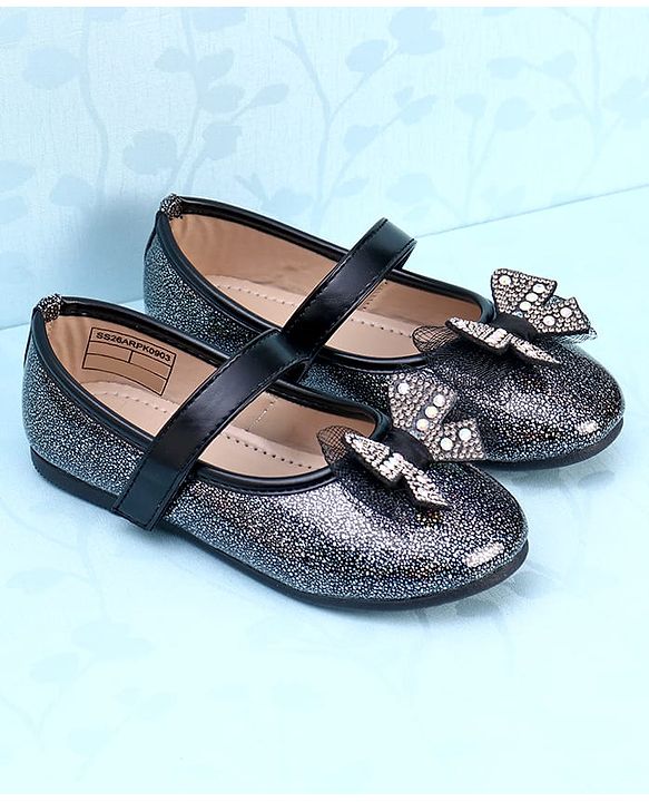 Pine Kids Velcro Closure Closed Toe Ballerina with Bow Applique - Black