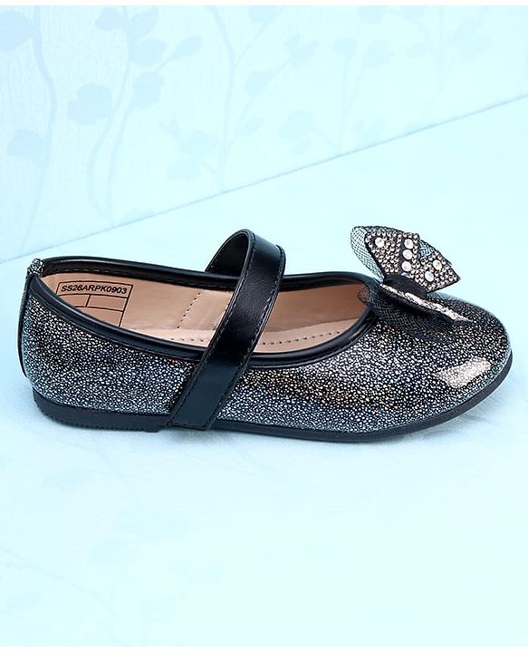 Pine Kids Velcro Closure Closed Toe Ballerina with Bow Applique - Black