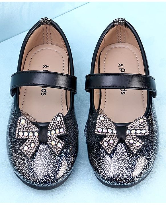 Pine Kids Velcro Closure Closed Toe Ballerina with Bow Applique - Black